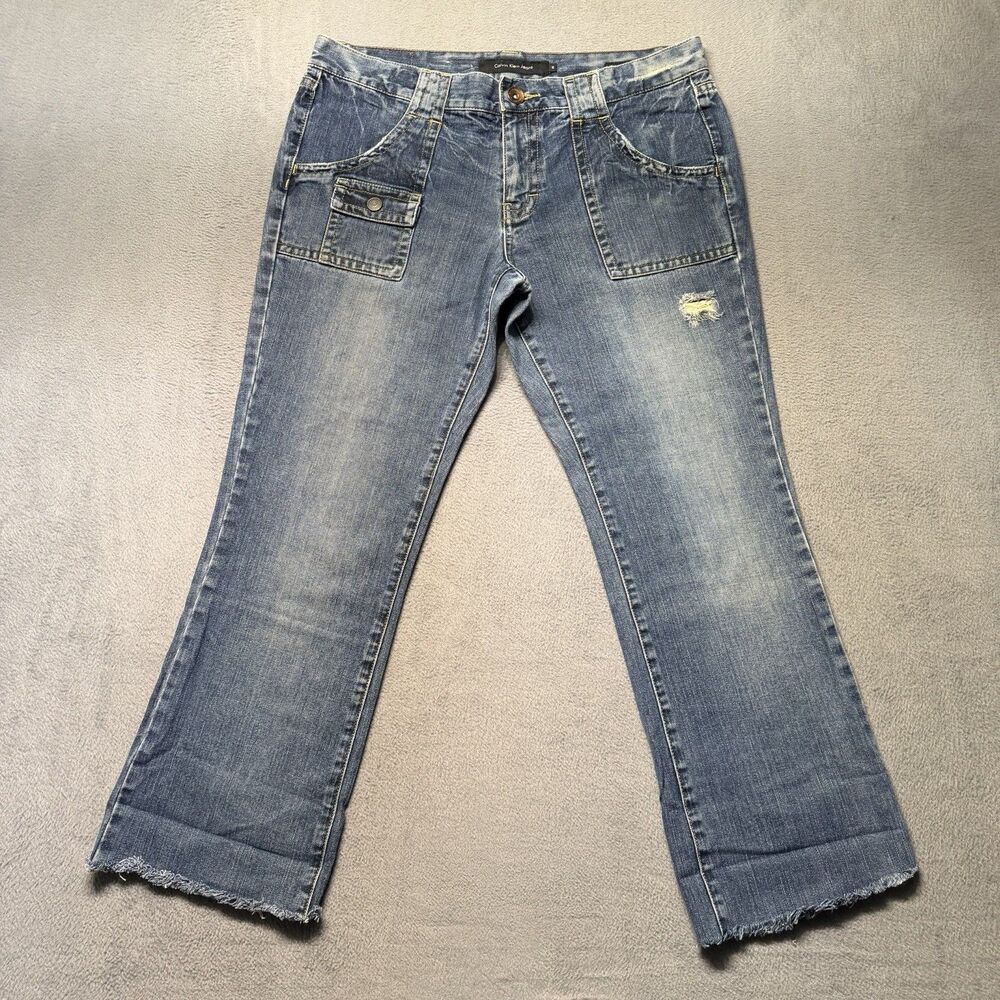 Calvin Klein Womens Size 12 Lean Bootcut Blue Distressed Flap Pocket Denim Jeans